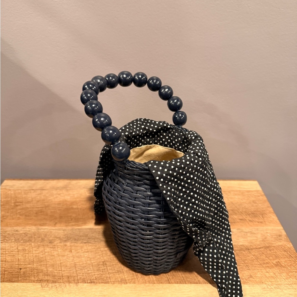 Loeffler Randall Navy Woven Mini Bucket Bag with Beaded Handle